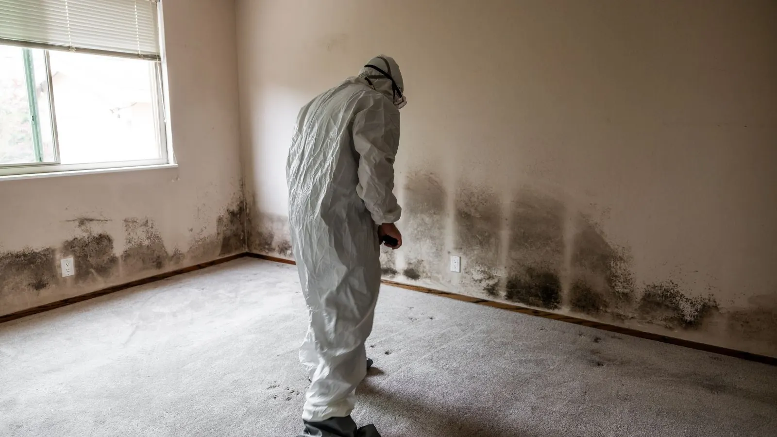 Technician in a protective suit inspecting mold along a room baseboard
